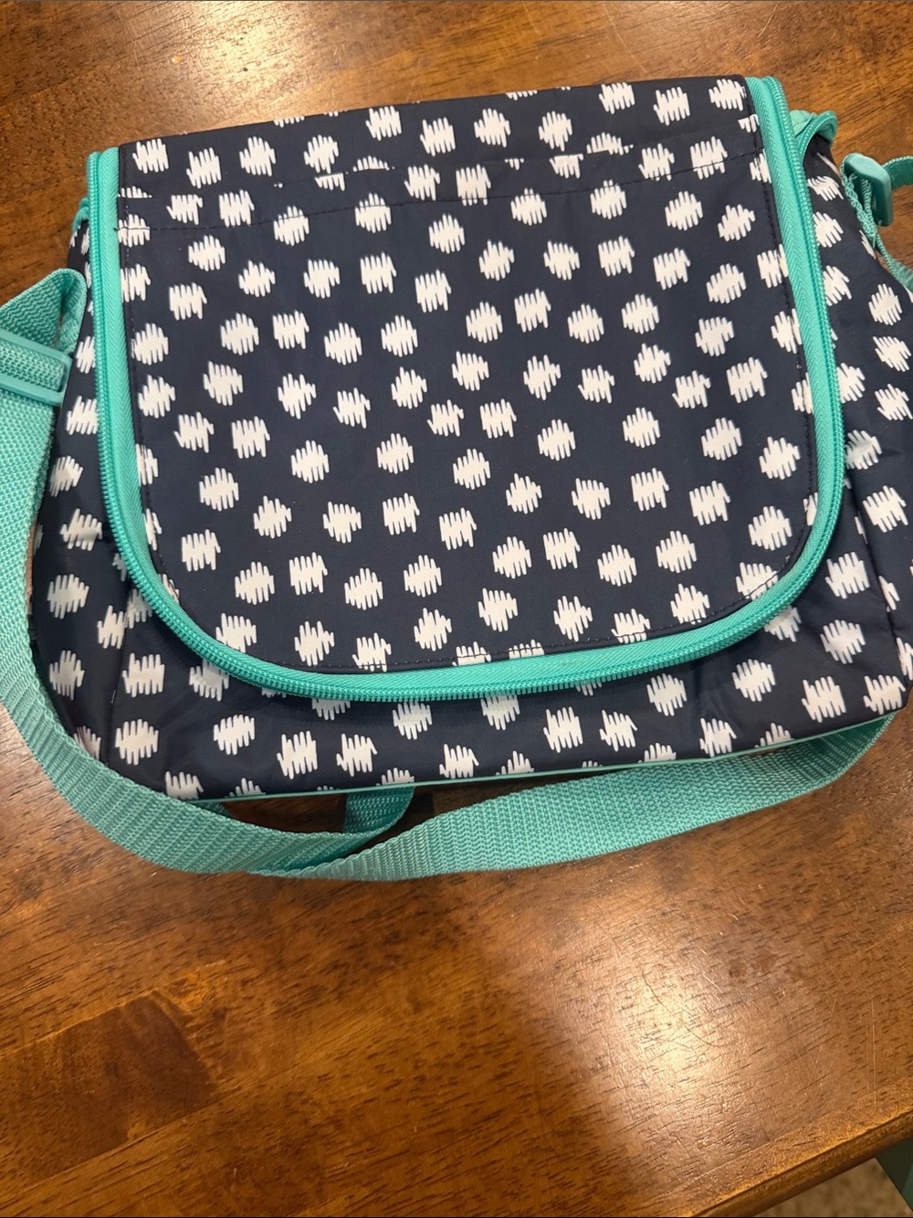 thirty-one Navy Polka Dot Crossbody with Teal Trim lunch box